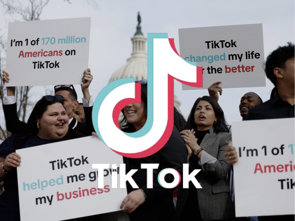 Graphic of the TikTok logo and creators protesting.